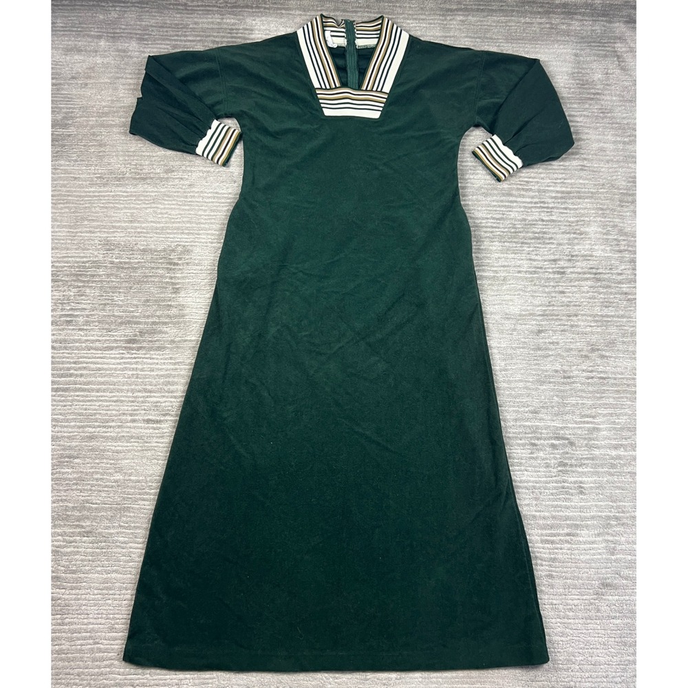 Keyloun Dress Womens M Green Vintage Velour Maxi Striped Trim 70s Loungewear